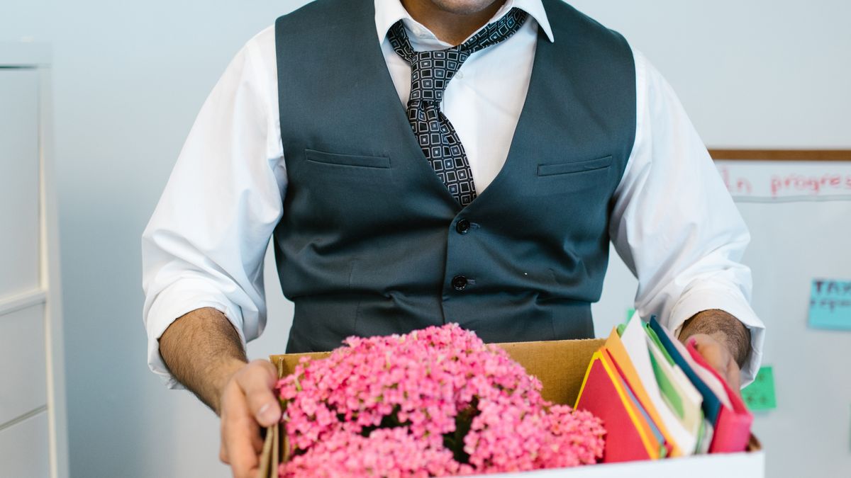 Salarié en gilet et cravate portant un carton contenant une plante et des dossiers